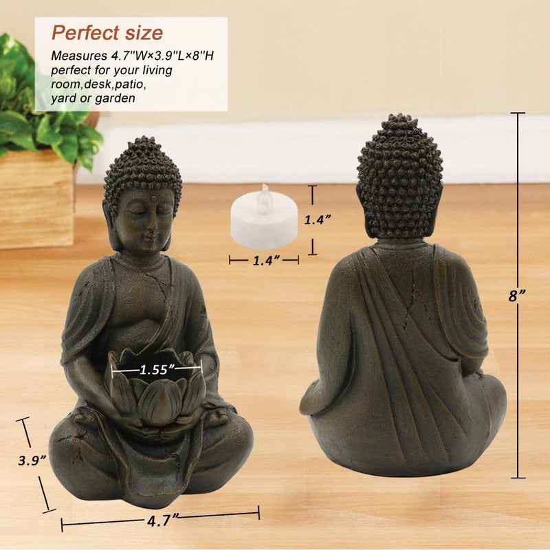 Goodeco Meditation Small Buddha Statue Figurine -Buddha with LED Tea Lights Candle Holder,Gift idea,Zen Home Decor Meditation Accessories 8" - Image 2